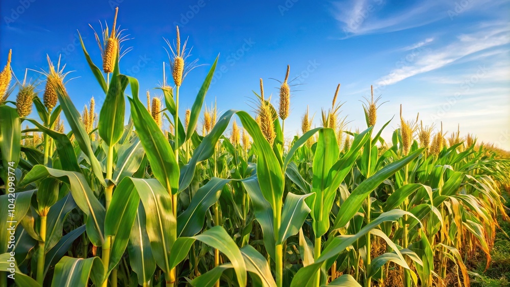 Fototapeta premium Corn field growing with clear sky background