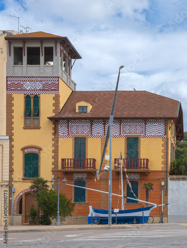 Sculpture Barca Corallina, an artisan workshop specialized in processing of red coral, Alghero, Sardinia