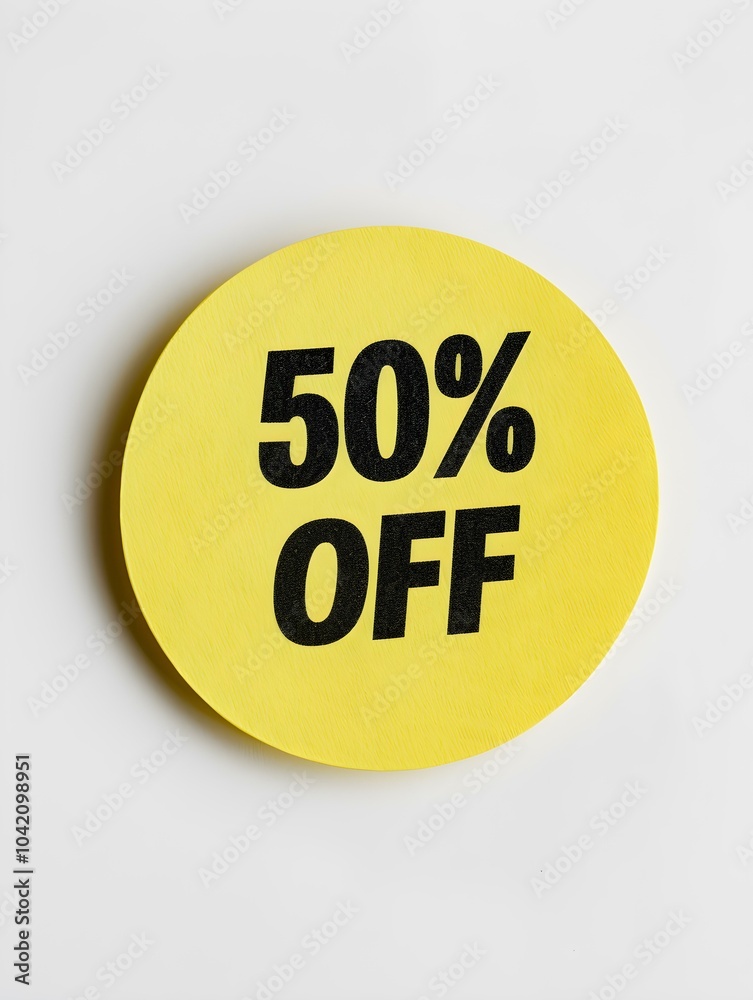 Black '50% OFF' Text on a Yellow Round Paper Note. White Background Black '50% OFF' Text on a Yellow Round Paper Note. White Background