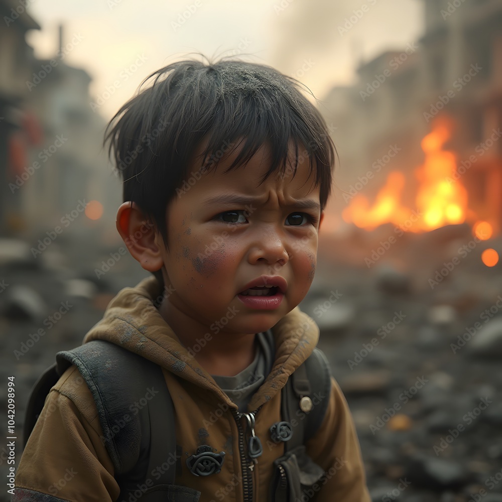 Crying Child Amidst War-Torn Destruction Crying Child Amidst War-Torn Destruction