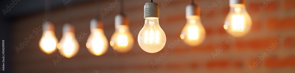 Row of illuminated light bulbs against brick wall Row of illuminated light bulbs against brick wall