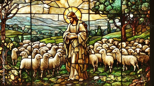 A stained glass window depicting Jesus as the Good Shepherd, surrounded by a flock of sheep in a lush green field