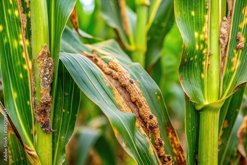 Corn leaf damaged by fall armyworm Spodoptera frugiperda in maize field photo