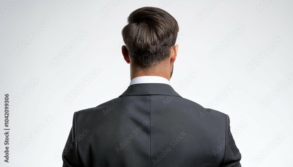 stylish man wearing suit seen from behind on white background