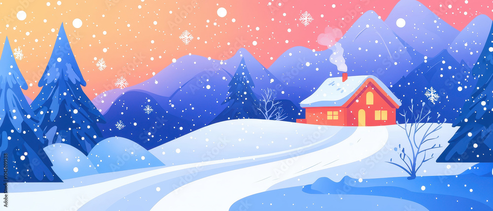 Fototapeta premium A serene winter scene featuring a cozy red cabin amidst snow-covered mountains and evergreen trees under a colorful twilight sky.