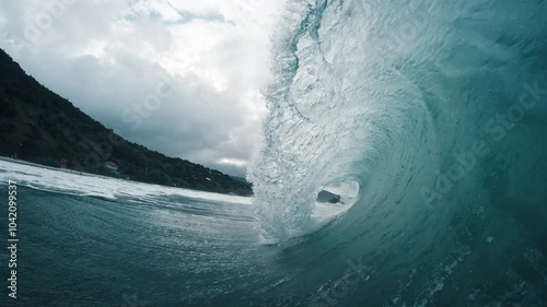 Breaking waves pack. Ocean wave barrels and breaks on the shore in Brazil. Matadeiro beach in Florianopolis photo