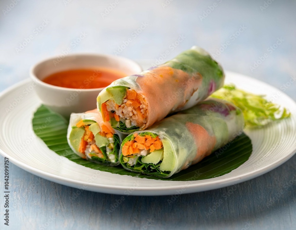 vegetable spring rolls on white plate with selective focus thai cuisine vegetable spring rolls on white plate with selective focus thai cuisine