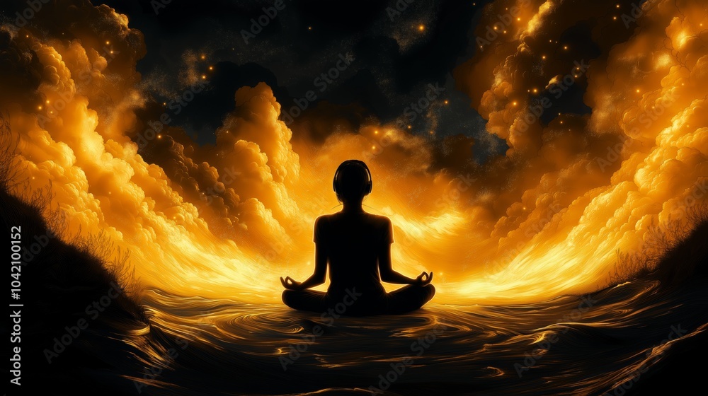 Silhouette of a Person Meditating in a Fiery Cosmic Scene with Radiant Golden Clouds