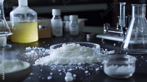 White powder on a lab or chemistry table close up, potassium chloride or other substance with other chemical glassware in the background photo