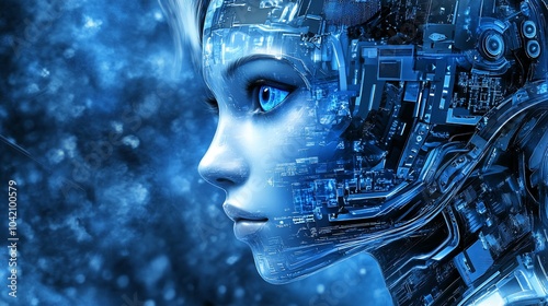 A female robot with blue eyes and a circuit board face, viewed in profile against a blue and white background.