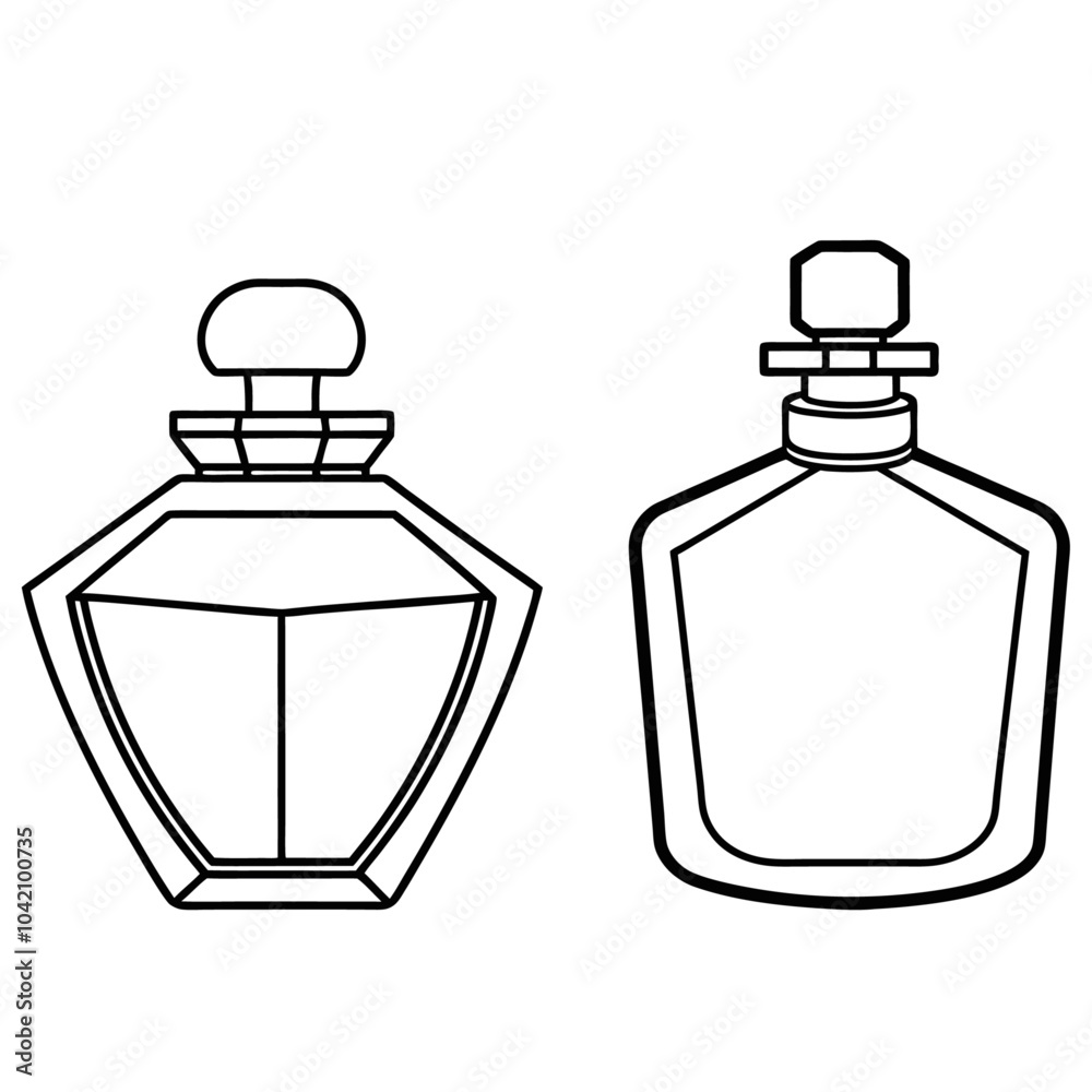 Perfume glass bottle realistic transparent, abstract geometric technical, blank white cosmetic cone shape bottle cap vector illustration Perfume glass bottle realistic transparent, abstract geometric technical, blank white cosmetic cone shape bottle cap vector illustration