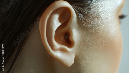 Close-Up Photo Of Female Human Ear Without Accessories Or Hair: Skincare Cosmetic Treatment For Youthful Beauty, Healthy Lifestyle, And Hygiene. photo