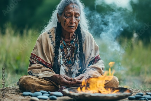 nature healing ceremony, shaman conducting a healing ritual outdoors, encircled by stones, feathers, and burning sage, representing spiritual bond photo