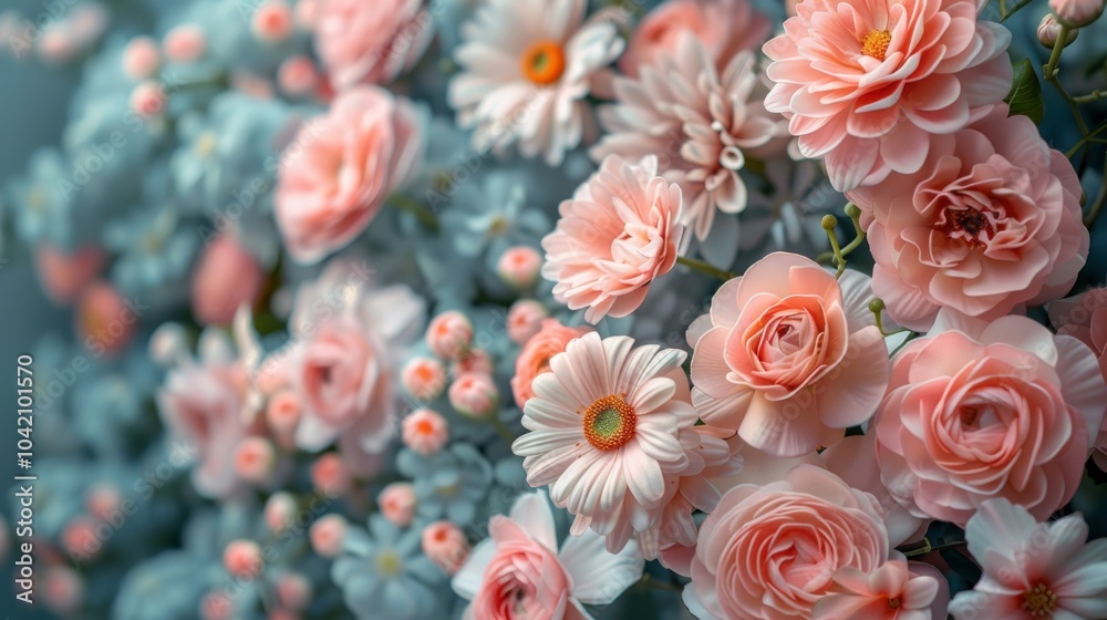 The combination of the pastel colors and flowers creates a soft, feminine, and visually pleasing composition. The combination of the pastel colors and flowers creates a soft, feminine, and visually pleasing composition.