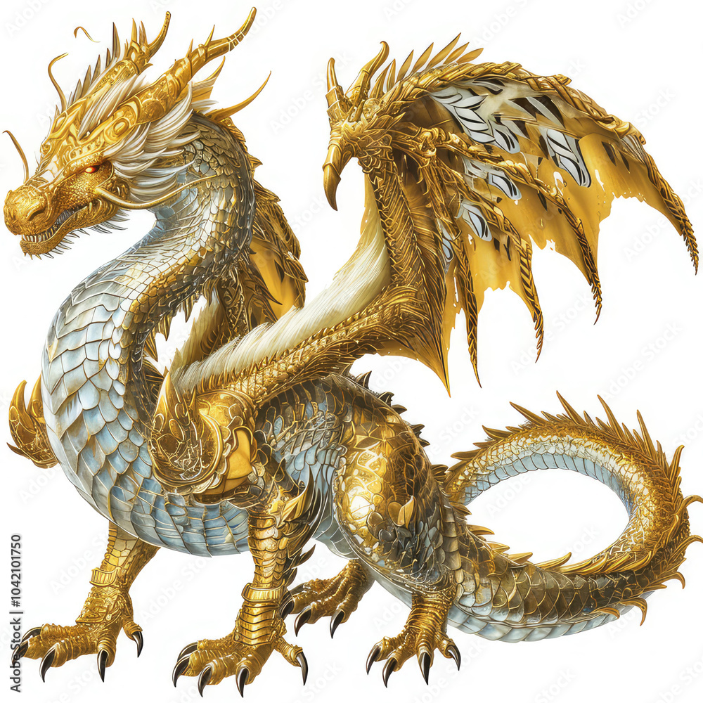 Fototapeta premium A majestic golden dragon with intricate scales and wings isolated on white background, symbolizing power and fantasy.