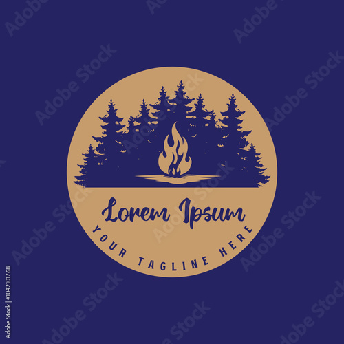 Vintage Retro Pine Cedar Conifer Evergreen Spruce Cypress Hemlock Fir Trees Forest with Bonfire Badge Emblem for Camp Outdoor Adventure Logo