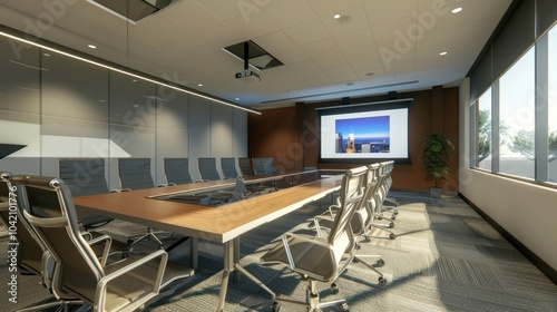 Modern Conference Room with Cityscape Projection
