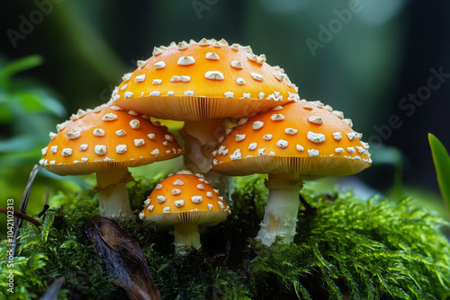 White and orange cap mushrooms growing in the woods 