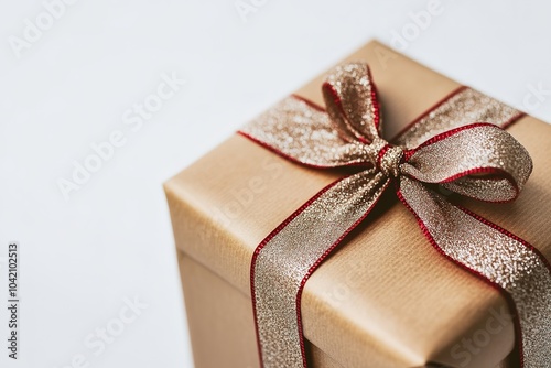 Close-up of golden gift box with shiny ribbon