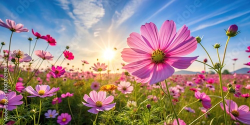 Cosmos flowers blooming in morning sunlight