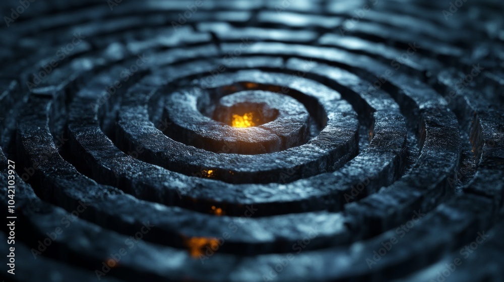 A captivating spiral maze made of dark stones winds its way towards a central glowing ember, creating an atmosphere of intrigue and mystery in the shadows. A captivating spiral maze made of dark stones winds its way towards a central glowing ember, creating an atmosphere of intrigue and mystery in the shadows.