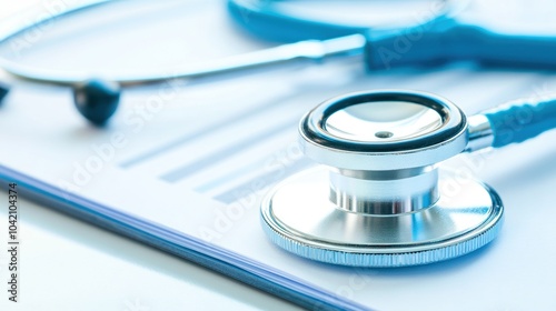 A stethoscope rests on a document, symbolizing healthcare and medical practice.