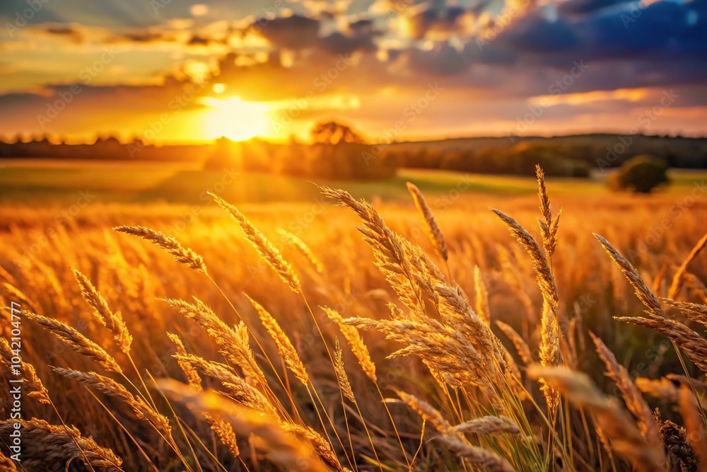 Country landscape with golden grass in the light of sunset sun background Summer season Macro Country landscape with golden grass in the light of sunset sun background Summer season Macro