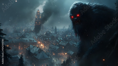 Giant Creature Looms Over Snowy Haunted Village photo