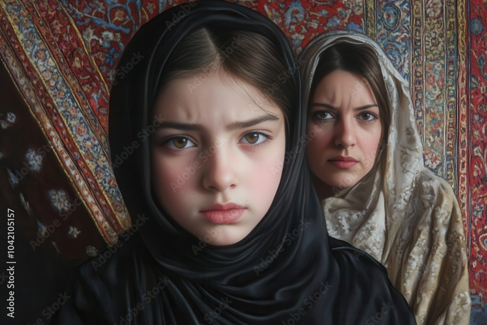 portrait of two women in traditional attire with expressive looks portrait of two women in traditional attire with expressive looks