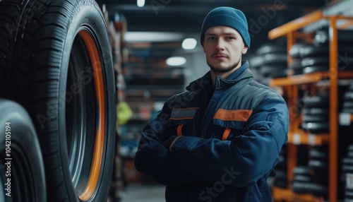 Mechanic Portrait Holding New Tire With Store Background: Concept Of Car Tire Service. Displaying A Man Working On A Tire In A Service Setting.