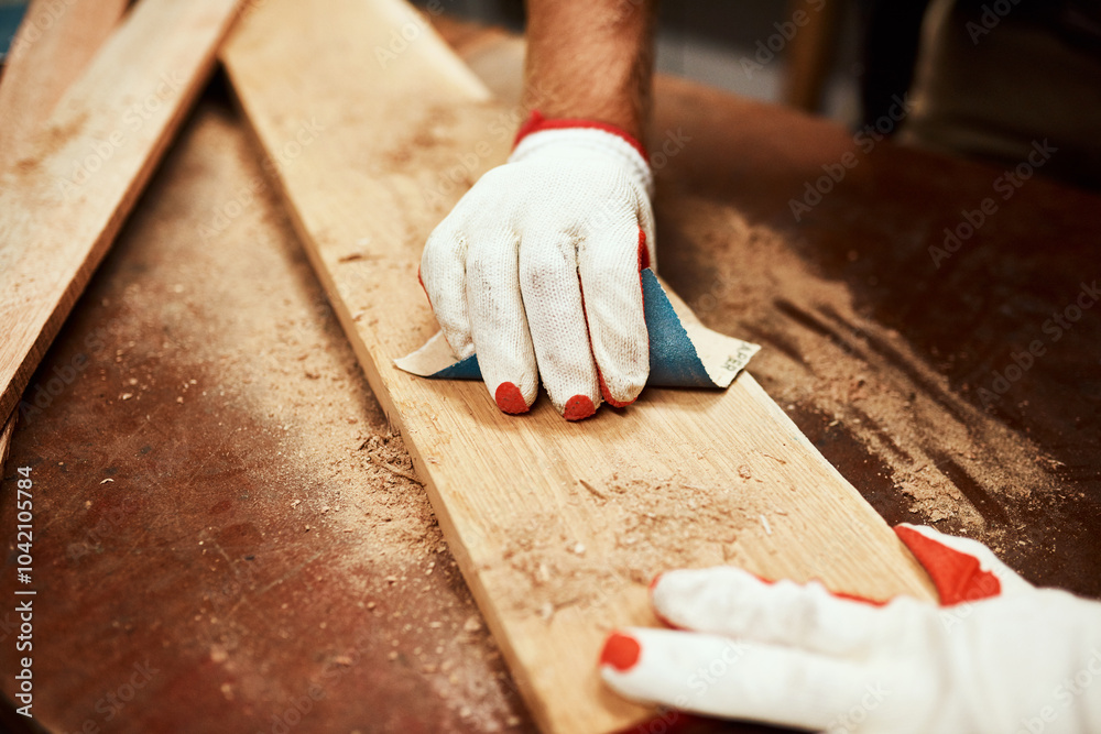 Ταπετσαρία Carpenter, hands and wood sandpaper for handyman work, maintenance and contractor project