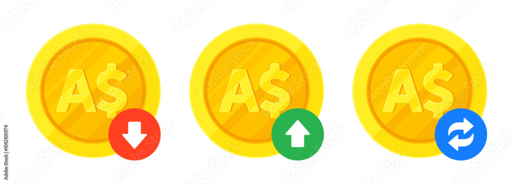 Set of Australian dollar gold coins, arrows for increase, decrease, transaction. Finance, currency, fluctuation, AUD exchange concept. Flat vector illustration isolated on a white background
Set of Australian dollar gold coins, arrows for increase, decrease, transaction. Finance, currency, fluctuation, AUD exchange concept. Flat vector illustration isolated on a white background