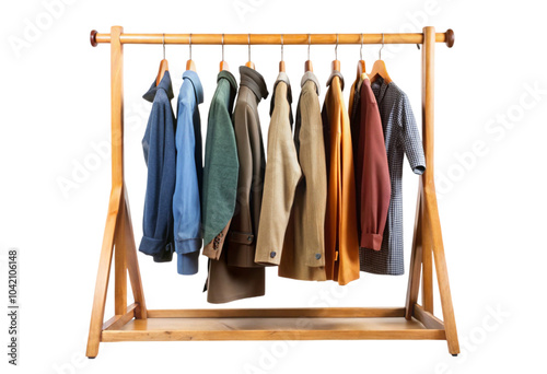 wooden coat rack with hanging clothe isolated on a (3) png