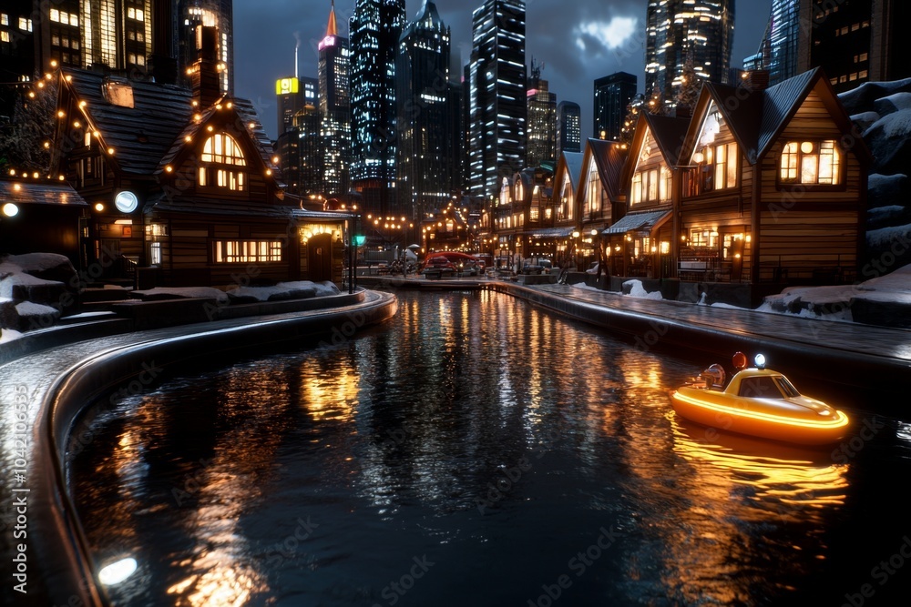Naklejka premium Cyberpunk version of Popeye Village, with neon lights illuminating the wooden houses and a futuristic cityscape in the background