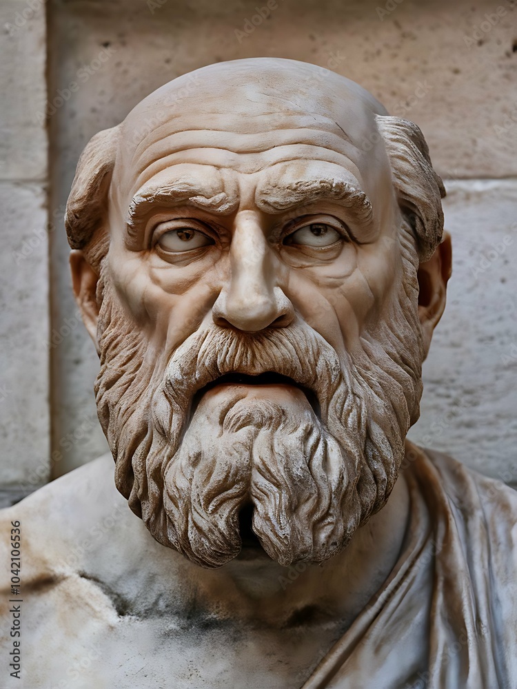 Fototapeta premium A close-up portrait resembling an ancient marble bust of Socrates.