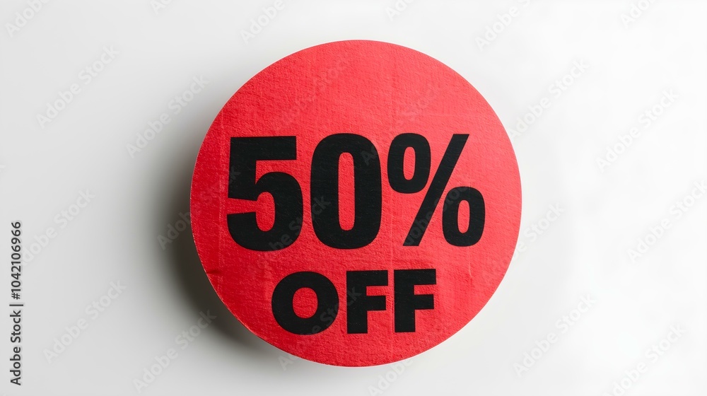 Black '50% OFF' Text on a Dark Red Round Paper Note. White Background with Copy Space Black '50% OFF' Text on a Dark Red Round Paper Note. White Background with Copy Space