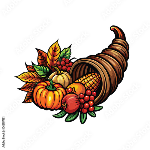 A detailed cornucopia overflowing with fruits, vegetables, and autumn leaves.