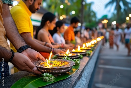 Devotees offering Aarti in a fantasy world, where flames levitate and create mystical patterns in the air