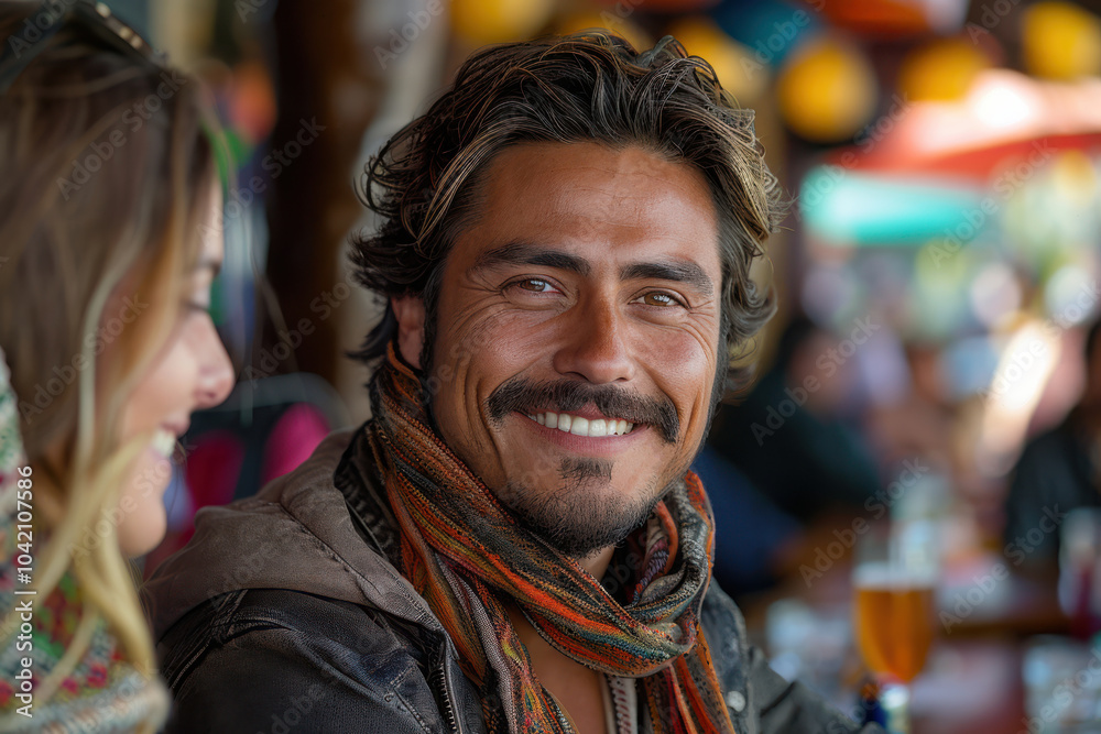 Portrait of a latin man with beard smiling at the camera at the street. Blurred background Portrait of a latin man with beard smiling at the camera at the street. Blurred background