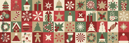 Christmas retro vector pattern with minimalist holiday symbols: trees, snowflakes, candy canes, stars, gifts, and winter elements in green-red flat design palette for stock illustrations