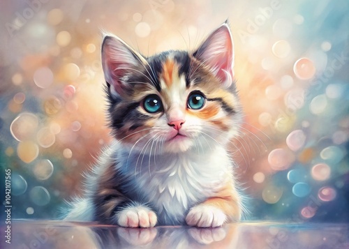 Watercolor Baby Calico Kitten Clipart for Nursery Decor with Soft Bokeh Background