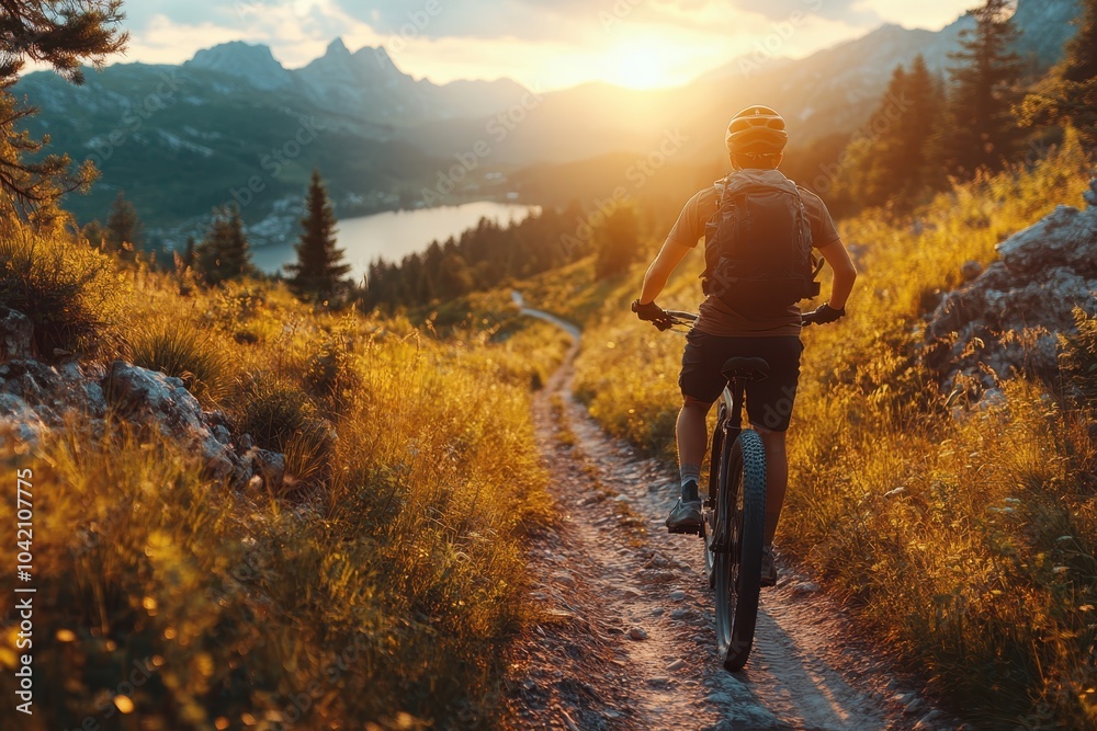 Mountain biking along a scenic trail at sunset with a lake view in the background Mountain biking along a scenic trail at sunset with a lake view in the background