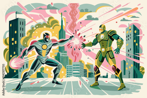 Futuristic Superheroes Battle in Urban Landscape Illustration