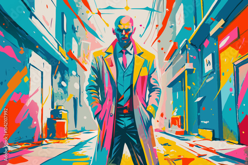 Vibrant Urban Man in Stylish Suit Amidst Graffiti Backdrop