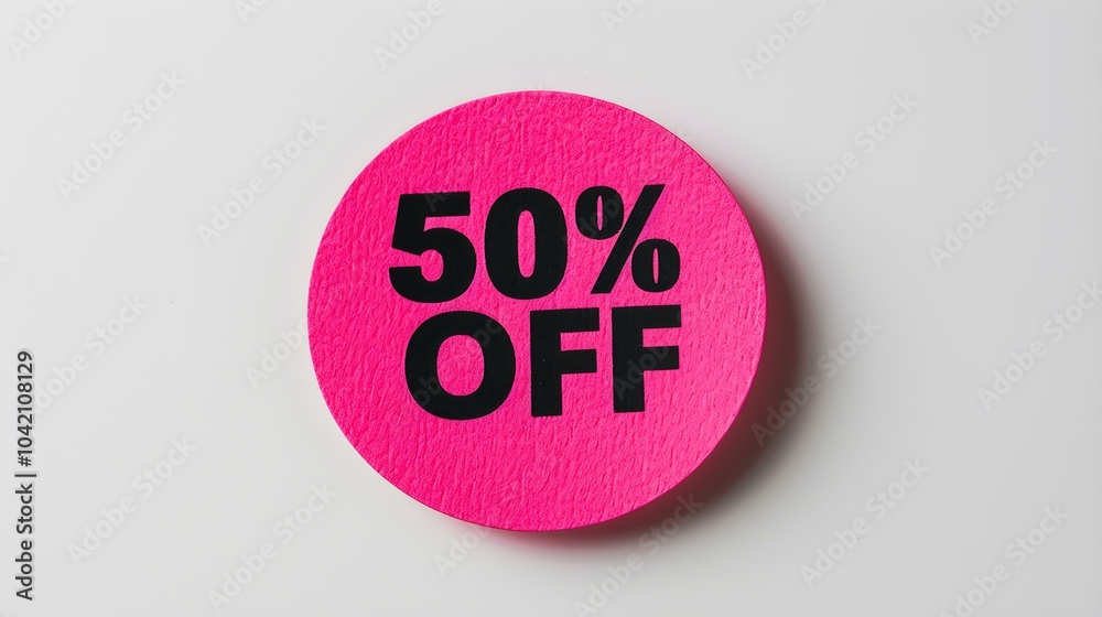 Black '50% OFF' Text on a Fuchsia Round Paper Note. White Background with Copy Space Black '50% OFF' Text on a Fuchsia Round Paper Note. White Background with Copy Space