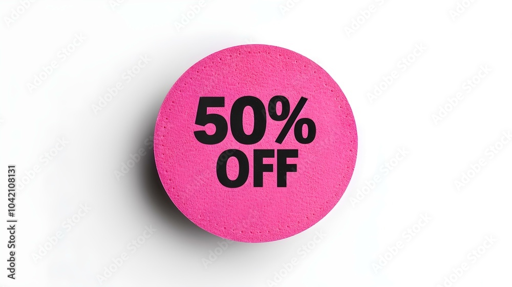 Black '50% OFF' Text on a Fuchsia Round Paper Note. White Background with Copy Space Black '50% OFF' Text on a Fuchsia Round Paper Note. White Background with Copy Space