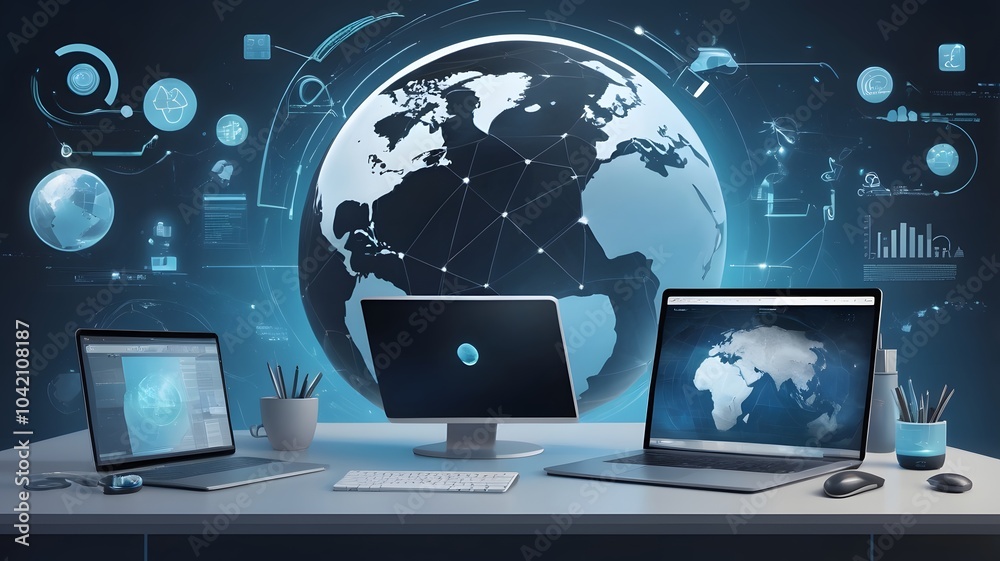 computer network office desk with globe, laptop digital image computer network office desk with globe, laptop digital image