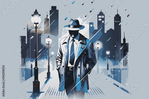 Mysterious Detective in Retro Cityscape, Noir Style Illustration