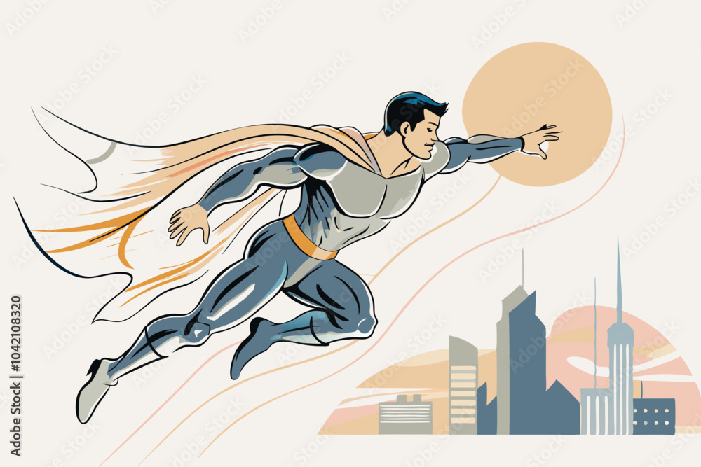 Fototapeta premium Dynamic Superhero Flying Over City Scene Illustration