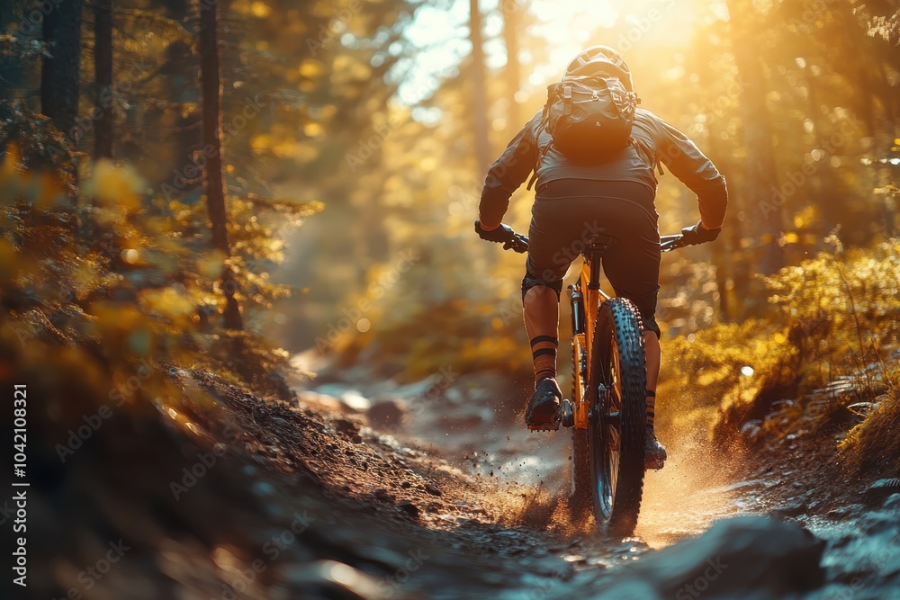 Fototapeta premium Mountain biker navigating a sunlit forest trail during early evening hours in autumn